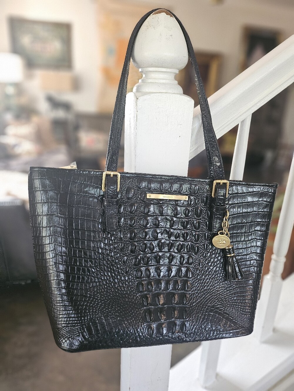Brahmin Asher Tote Black Croc-Embossed Tote Bag with Gold Hardware